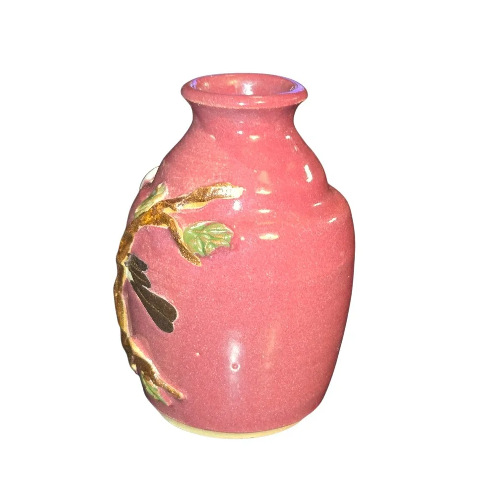 Judy Jones Pottery VTG Dogwood & Chickadee Bud Vase Signed Small‎ Pink 2002 EUC!